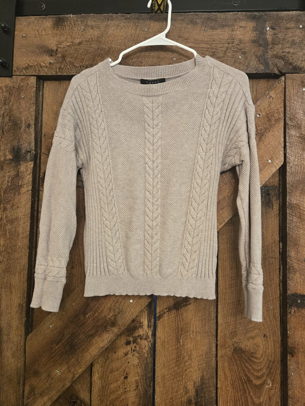 Cyrus Light Taupe Cable Knit Crew Neck Sweater